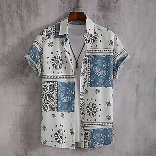Mænds Sommer Strandskjorte Farverig Print Korte Ærmer Enkeltbrystet Cardigan Løstsiddende Midtlang Vendbar Krave Mænds Top (2XL Lysegul)