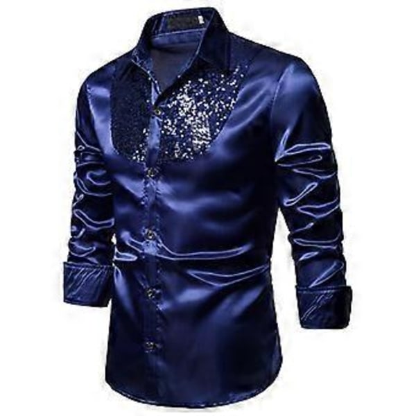 Herre Skjorter, Langærmede Skjorter med Pailletrevers (XL Navy blå)