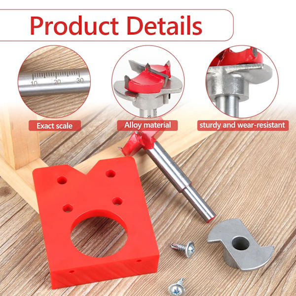 (Rød) 35mm Hengsel Jig Drill Guide Set Dør Skjult Hull Boring