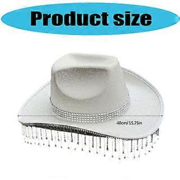 Hatt med glitrende rhinsteiner og frynser for kvinner og menn, musikkfestival Fedora-hatt med store bremmer, glitrende pudder for fest, hvit( )