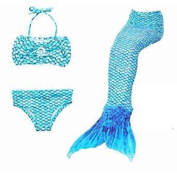 Flickor Sjöjungfru 3-delars Set Cosplay Kostym Fishtail Bikini Baddräkt Blå (4-5 År)