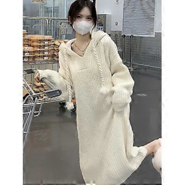 Fransk high-end hættestrikket kjole til kvinder, afslappet stil, ammekjole, lang nederdel (Beige)