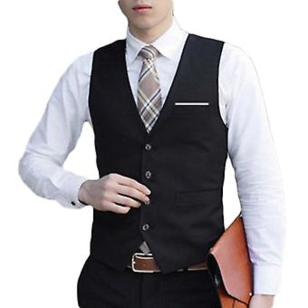 Fianao Forretningsvest for menn, 4 knapper, V-hals, uten ermer, smal passform, til jobb og bryllup (XXXXL Svart)