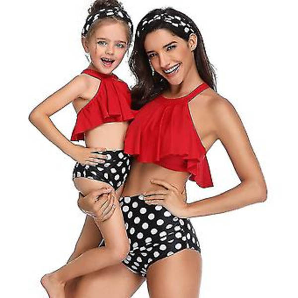Flickbaddräkt Tvådelad Bikini Set Volang Falbala Badkläder Baddräkter-e( Röd B)