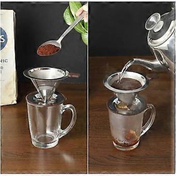 Dobbelt Mikro Mesh Hæld-Over Kaffefilter i Rustfrit Stål til 1-2 Kopper