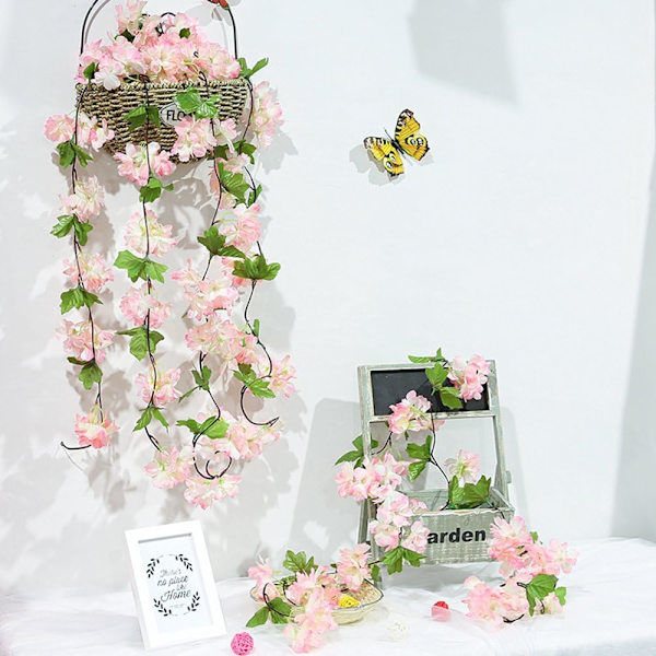 Champagnefärg-2 st x230cm Konstgjord blomma Sakura Hängande V