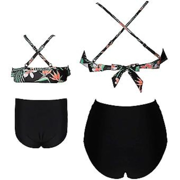 Tjejers Baddräkt Tvådelad Bikini Set Ruffle Falbala Baddräkter -e( J2002-svart)