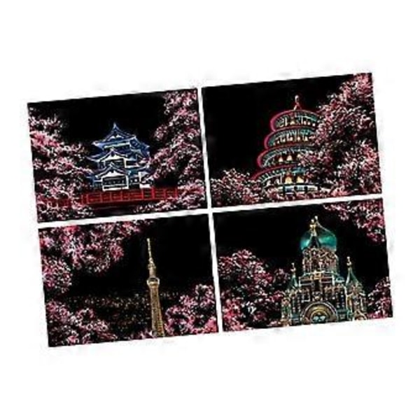 4 Delar Skrap Papper Konst Set Konst Hantverk Kreativ, Skissblock, med Träpinne Ritning Skrapbräda Skrapmålning (Sakura)
