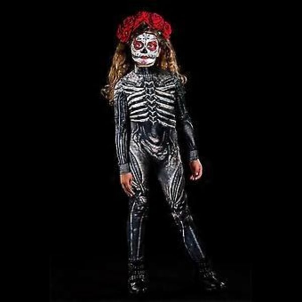 Halloween Skelet Kostume Dekoration Til Kvinder Og Piger Halloween Kostume Dekoration Skelet Print Bodysuit Skinny Jumpsuit (120cm)