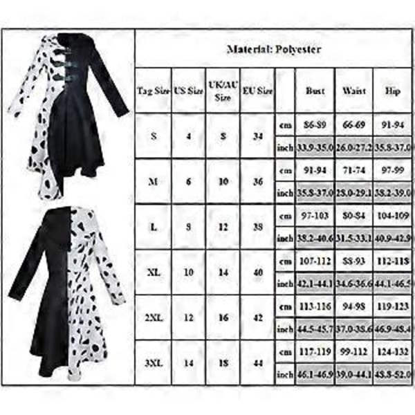 Cruella De Vil Cosplay Party Kostym Set Kvinna Klänning+Svarta Handskar Halloween Karneval Party Fancy Dress Rollspel Outfit Set(S )