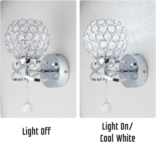 Sæt med 2 moderne LED-krystalvæglamper, runde kromvæglamper,