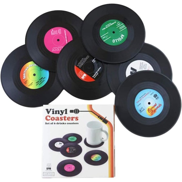 Sæt med 12 retro-glasunderlag til CD'er, sorte, under glas, underlag, coa