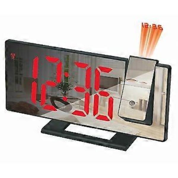 LED Digital Projektionsväckarklocka Temperatur Datum Snooze Takprojektor (svart med röda bokstäver)