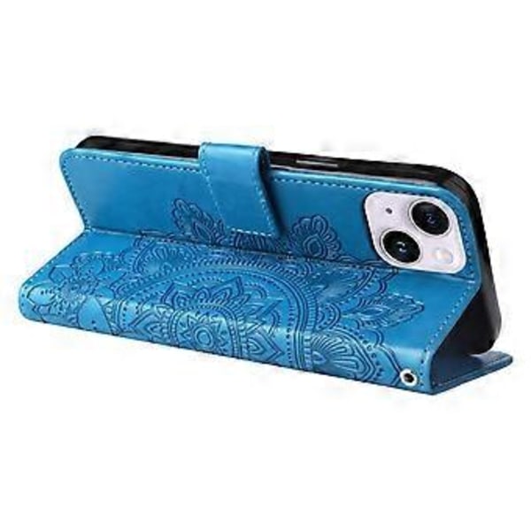 7-bladets Blomst Relief Læderetui til iPhone 15 Plus (Blå)