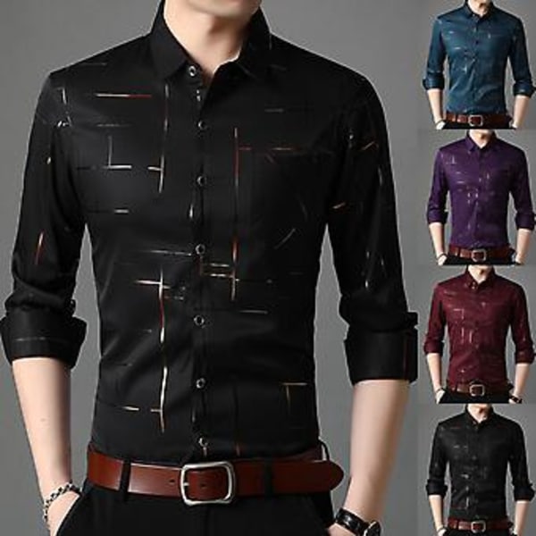 Fianao Herrarmshirt med nedvikt krage, ränder, enkelknäppt, Business (3XL Svart)