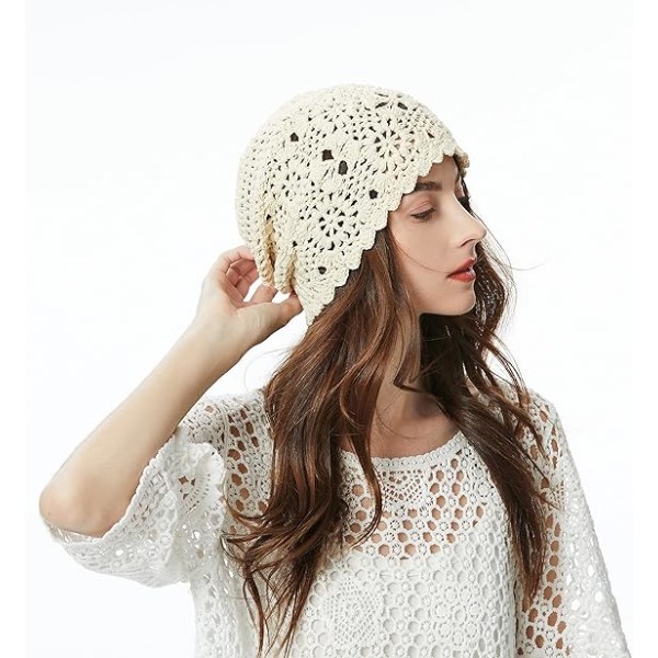 Solid Beige Kvinnor Bomull Virka Slouchy Mössa Hätta Handgjord Stickad