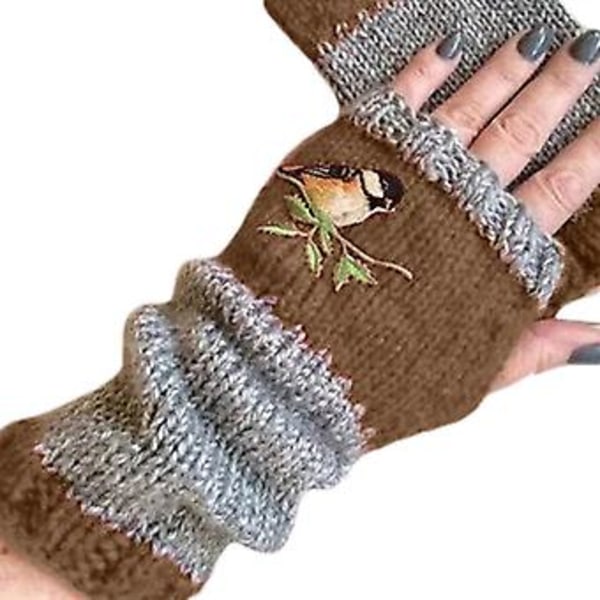 Vinterstickade Fingerlösa Handskar Fågelbroderade Tumhål Halvfinger Vantar (Brun)