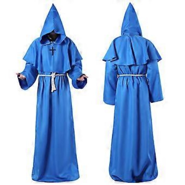 Halloween Keskiaikainen munkki asu kaapu munkki velho pappi cosplay asu (XXL sininen)