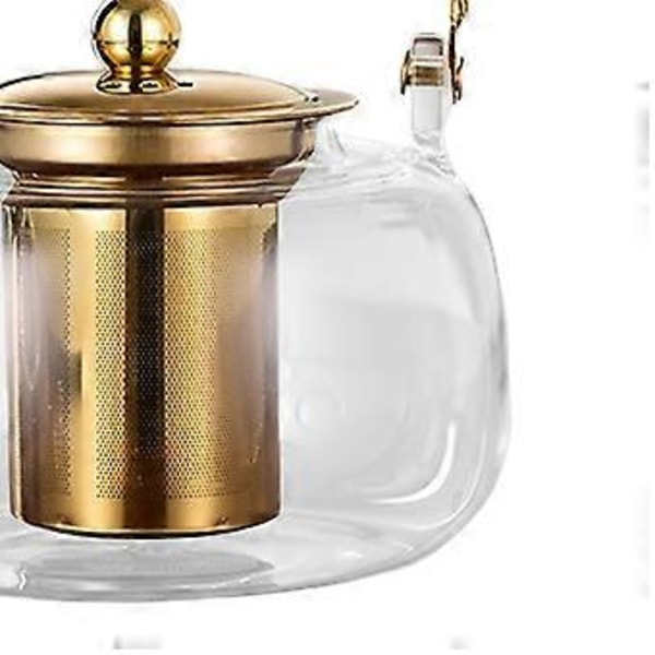 Glastekande med si 1000 ml Klar tekedel til blomstrende te og løs te, tekande til køkkenet, gave til teelskere, camping, hjem (Gylden)