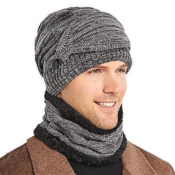 Varm vintermössa i stickad fleece med halsduk och ansiktsmask för män (grå)