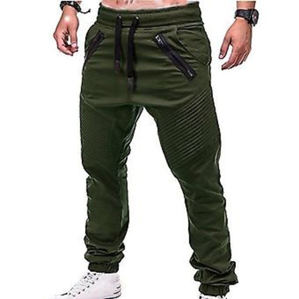 Fianao Byxor med dragsko, justerbar, randiga, med blixtlåsförsedda fickor, sportbyxor för utomhusaktiviteter (XXL Arméggrön)
