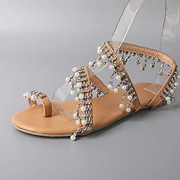 Plus Size Dame Rhinestone Faux Pearl Tassel Sko Sommer Clip Toe Flad Sandal Mode Retro Dame Sandaler35(43 )