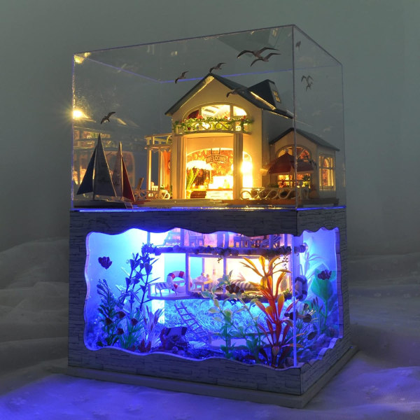 Miniatyrhus att bygga DIY Träminiatyrdockhus i kit med dammskydd och verktyg, handgjord D