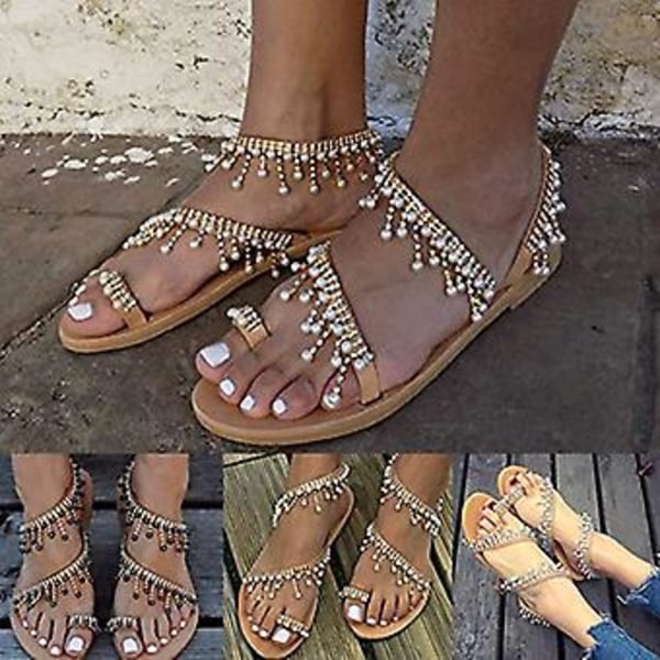 Plus Size Dame Rhinestone Faux Pearl Tassel Sko Sommer Clip Toe Flad Sandal Mode Retro Dame Sandaler35(43 )