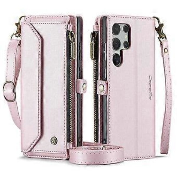 Crossbody Plånboksfodral för Samsung Galaxy S24 Ultra, Magnetiskt Flip Kortfodral Läderfodral med Dragkedja för Kvinnor (Rosa)