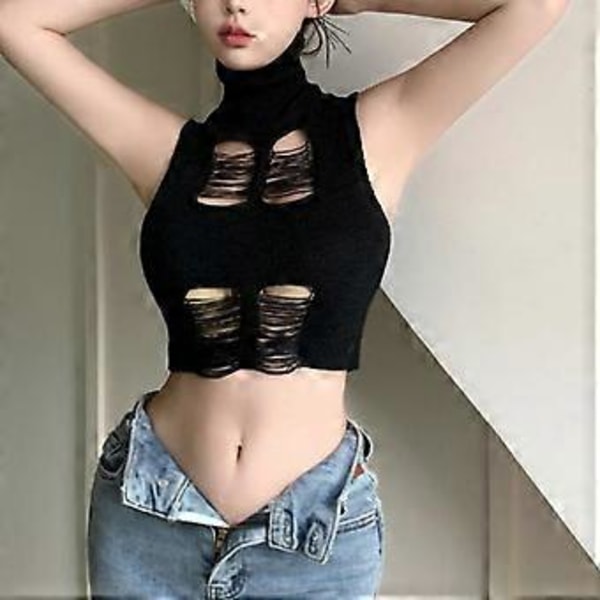 Dame Sommer Halv Turtleneck Slim Fit Sweater Vest Sexet Udhulet Flået Hul Patchwork Ærmeløs Tank Top Crop Top Rød (Rød)