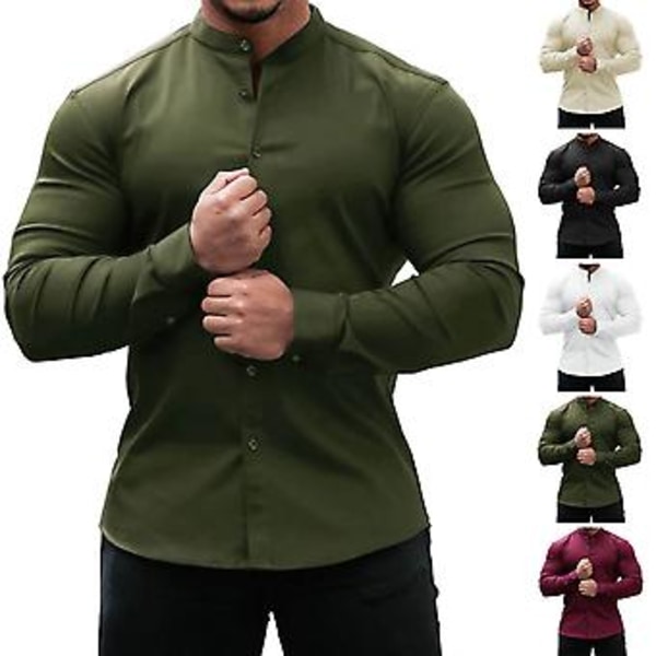 Høstskjorte for menn, smal passform, knappestolpe, stand-up krage, ensfarget, enkeltspent, myk cardigan, formell, forretnings-topp for menn til jobb (XL Vinrød)