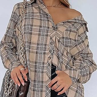 Dame Efterår Afslappet Skjorte Plaid Langærmet Cardigan (M Khaki) Khaki M