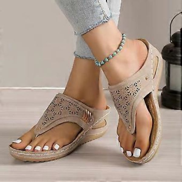 Dame Hul Blomst Kile Flip-Flops Åndbare Komfortable Sandaler til Rejse Udendørs Brug (36 Sort)