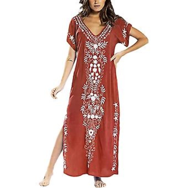 Kvindesøm Broderet Kortærmet Bikini Badetøj Cover Up Side Split -r ( )