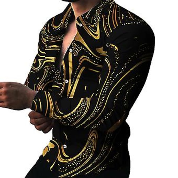 Fianao Herrskjorta Långärmad Nedåtvänd Krage Färgstark Tryckt Enknäppt Sommar Topp Herr Klubbkläder (3XL Guld)