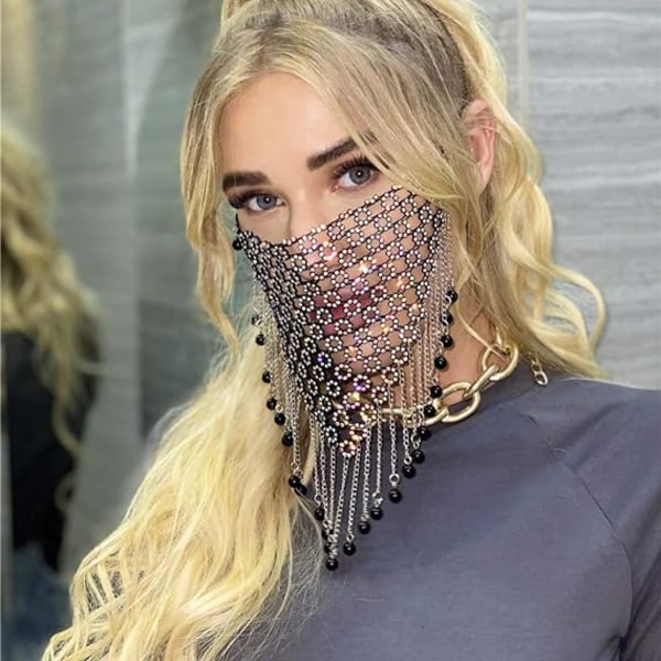 Bling Krystall Mesh Maske Svart Duske Ansiktskjede Maskerade Masker Med Krystall Anheng Kveldsfest