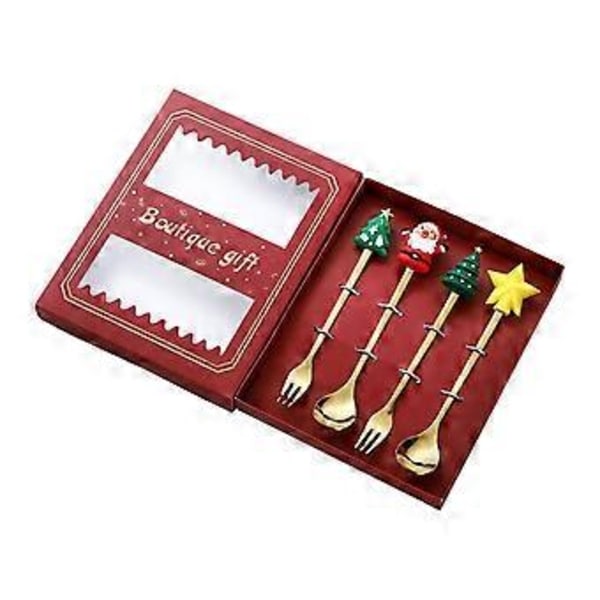 4 st Julbestick Skedar Gafflar med Presentförpackning Mångsidiga Bestick Jul Servis Sked Gaffel för Fest Högtid (Sked gaffel röd låda)