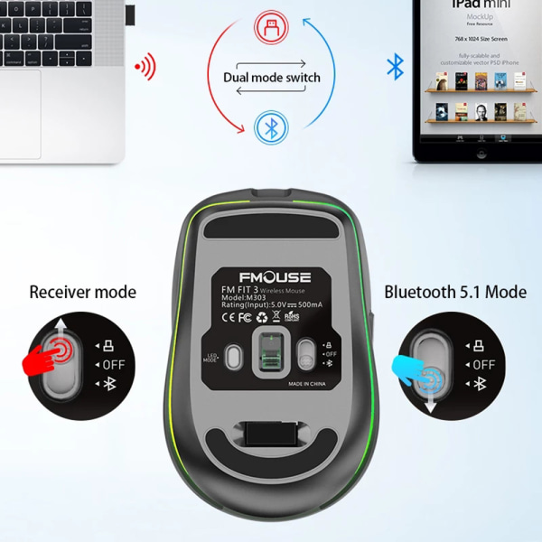 (Sort) 2.4G Dual-Mode Bluetooth 5.1 Trådløs Mus, USB-opladning