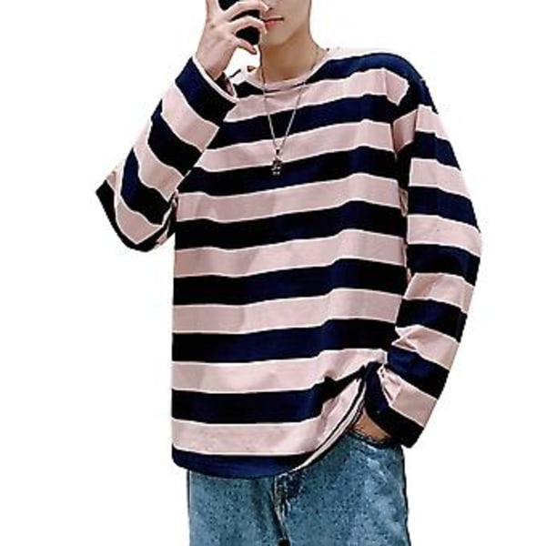 Mænds Stribet Sweatshirt Rundhals Langærmet Casual Løstsiddende Mode Top til Ungdomsmænd Tilbehør (M Pink)