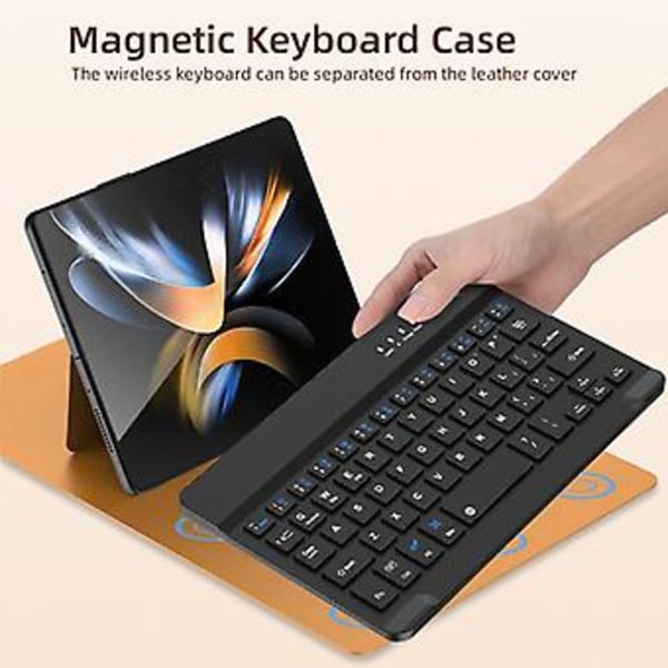 Langaton näppäimistö Samsung Galaxy Z Fold 4 3 2:lle - Magneettinen taittuva flip-teline, nahkainen näppäimistösuoja kynäpaikalla ja hiirellä