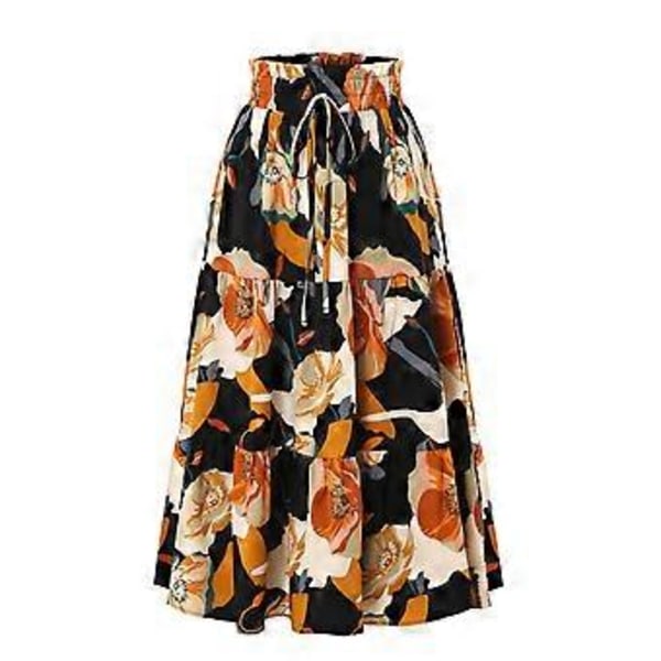 Dame Casual Blomstrete Plissert A-linje Langt Skjørt Maxi Høy Midje Ut På Byen Ferie Skjørt (XL Svart)