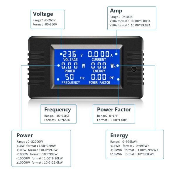 LCD Digital Amperemeter Voltmeter AC 80-260V 100A, 6-i-1 Strømmåler