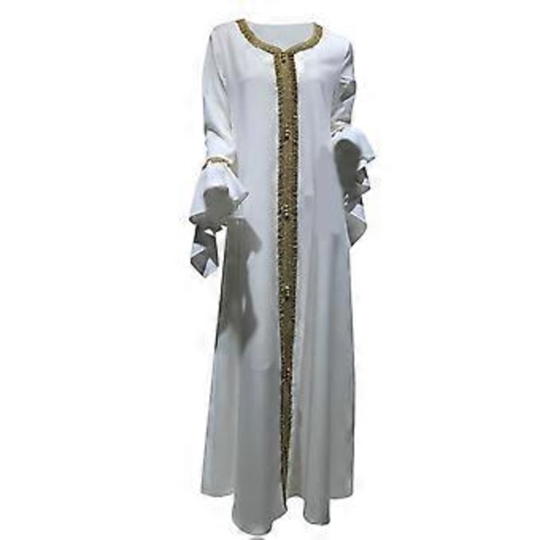 Dame Kaftan Kjole Flæseærme Kjole Fuld Længde Kåbe Islamisk Kaftan Kjole Dame Kåbe Bedekjole Hvid XL(XL Hvid)