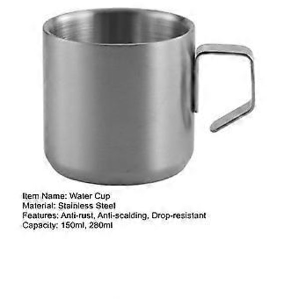 150/280ml Vandkop med Håndtag Dobbelt Lag Rustfrit Stål Kaffe Øl Kop Krus Drikkevareværktøj Daglig Brug (150ML Sølv)