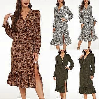 Sommar bohemisk leopardtryckt midiklänning för damer, V-ringad knapp, sidoslits, böljande långklänning Khaki Leopard L(L Khaki Leopard)