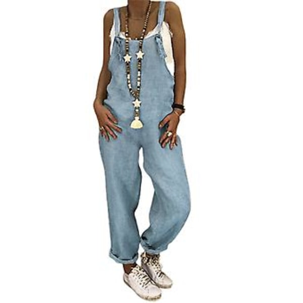 Dame vår sommer casual løse lange bib bukser jumpsuits baggy bomullslin look romper overalls bukser pluss størrelse (L himmelblå)