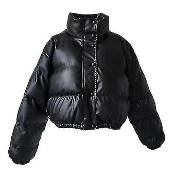 Vinter Tyk Varmt Kort Parka Kvinder Mode Sort PU Læder Frakker Kvinder Elegant Lynlås Bomuld Jakker Kvinde Julegave (S)