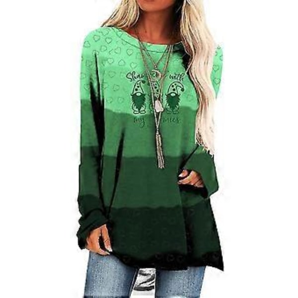St. Patricks Dag Dame Langærmet T-shirt Heldige Kløver Nisse Printet Bluse Løse Toppe Skjorter -NMAOV(L A)