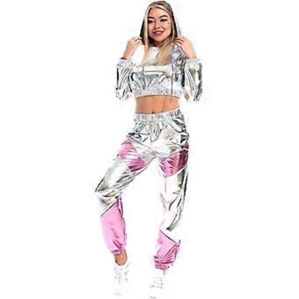 Dame Rave Outfit Skinnende Crop Top Hættetrøje Metallisk Afslappede Lange Bukser Hætte Workout Sweatshirt Disco Danse Clubwear (XX-Large Sølv)