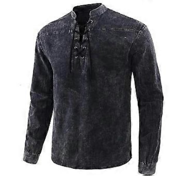 Herre Vintage Skjorte Ensfarvet Langærmet Afslappet Bluse med Snøre -NMAOV(L Sort)